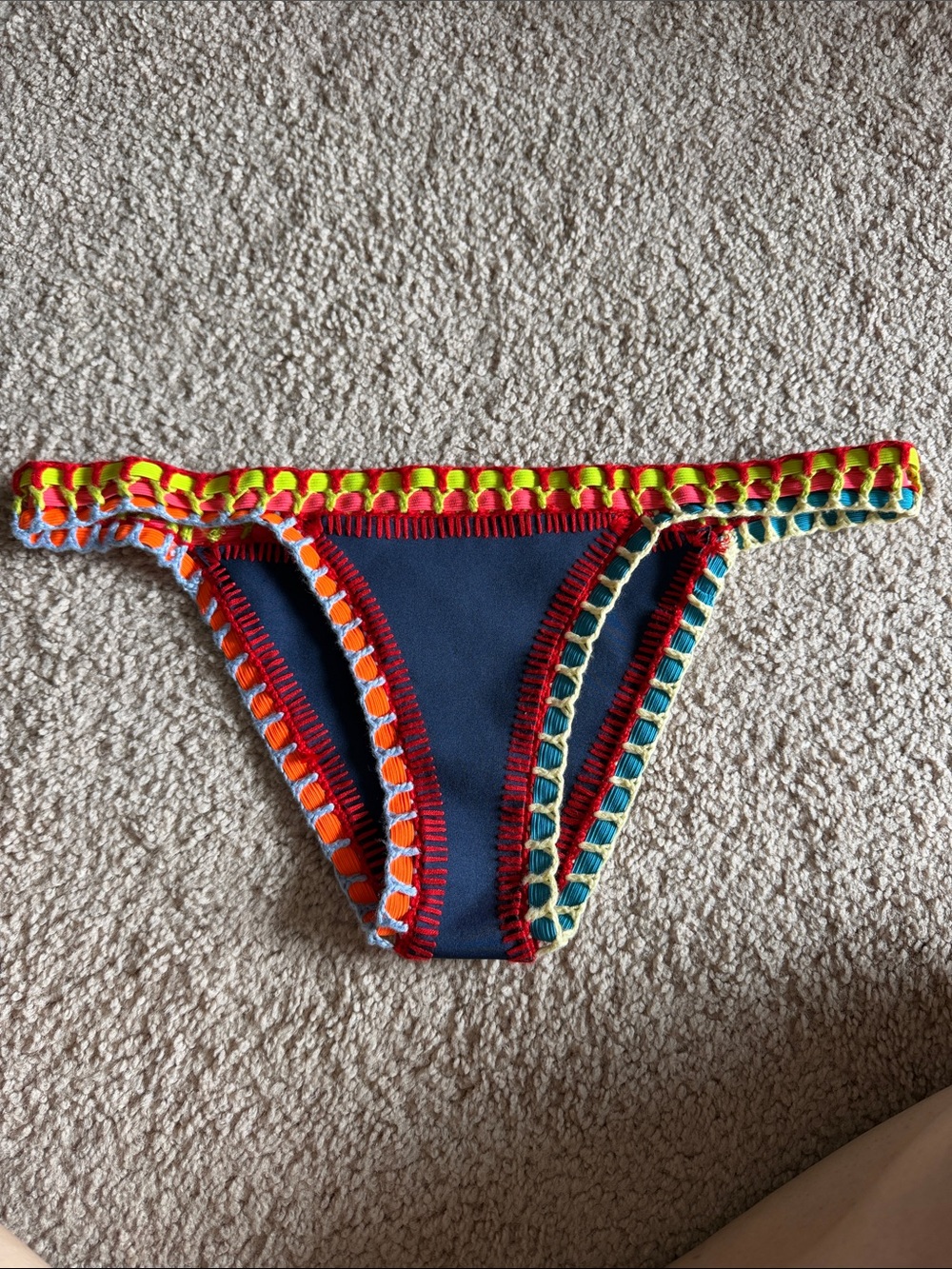 KIINI Navy Bikini Bottom with Multicolor Crochet Trim size medium